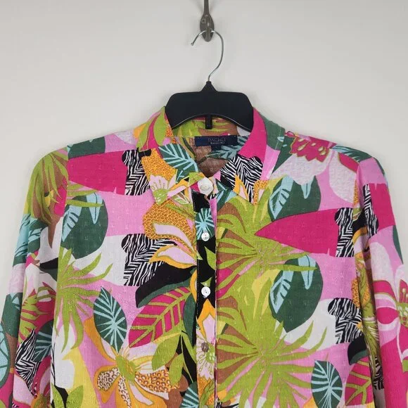 Rachel Roy Size S Colorful Floral Tropical Print Tie Hem Long Sleeve Top Blouse - Picture 4 of 10
